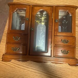 Vintage Wooden Large Jewelry Box Cherry Color Armoire Etched Glass.